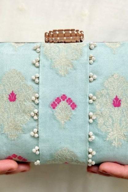 Nihari Pearl Embellished Silk Clutch - Aqua Blue