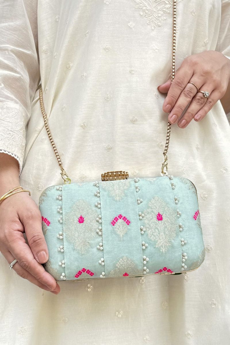 Nihari Pearl Embellished Silk Clutch - Aqua Blue