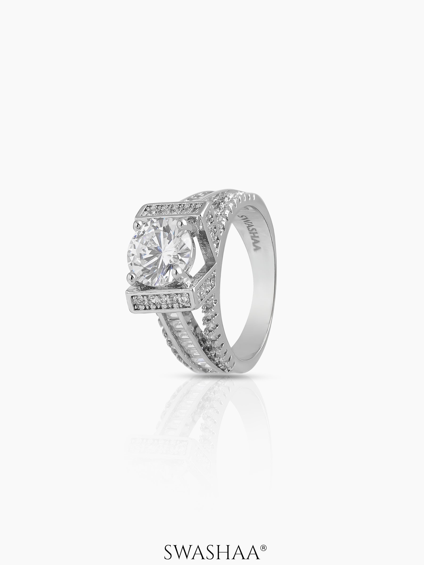 Noor Round Square-Cut Silver Diamond Solitaire Women's Ring