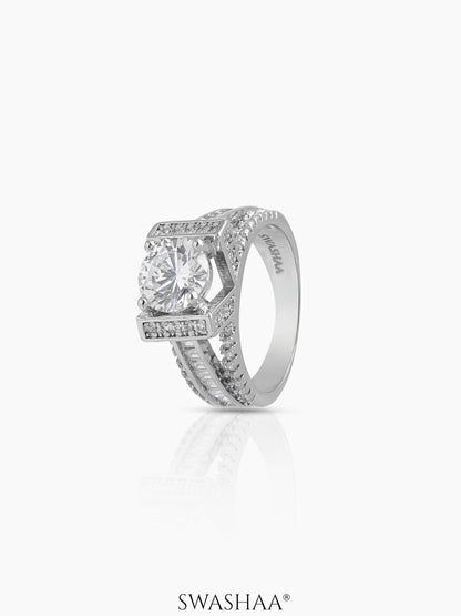 Noor Round Square-Cut Silver Diamond Solitaire Women's Ring