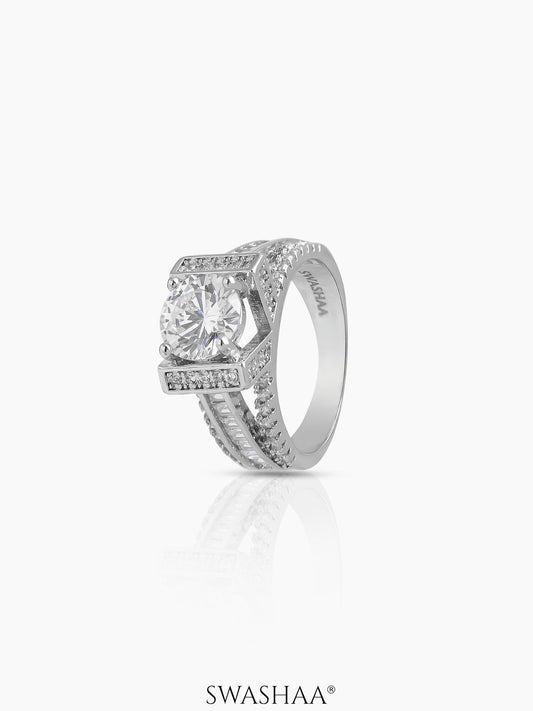 Noor Round Square-Cut Silver Diamond Solitaire Women's Ring