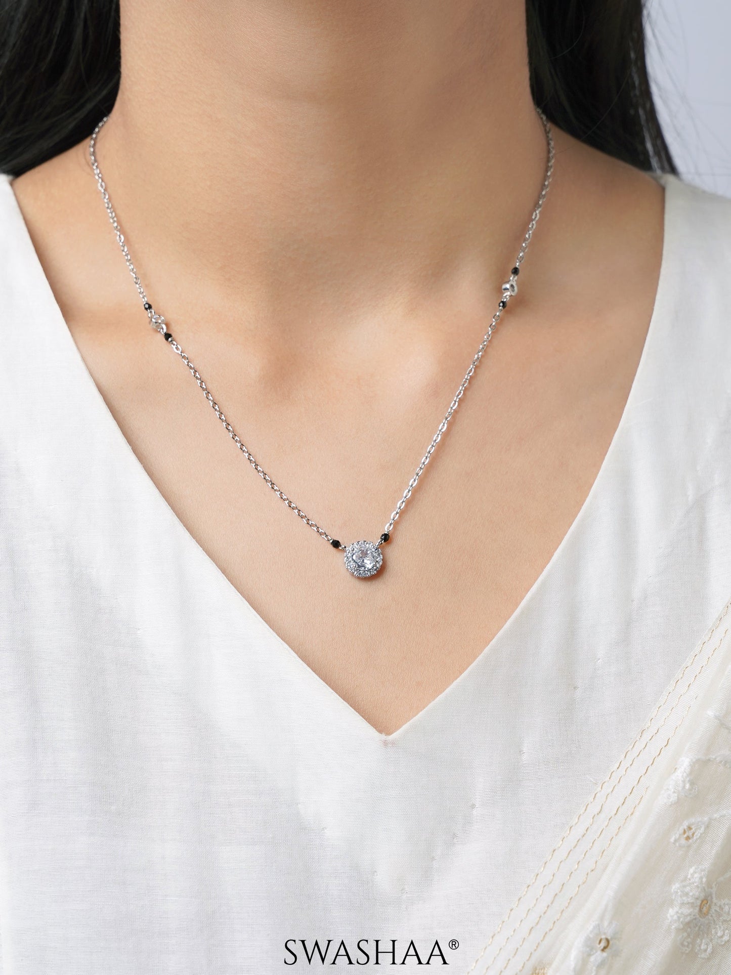 Nyra Diamond Solitaire Silver Mangalsutra