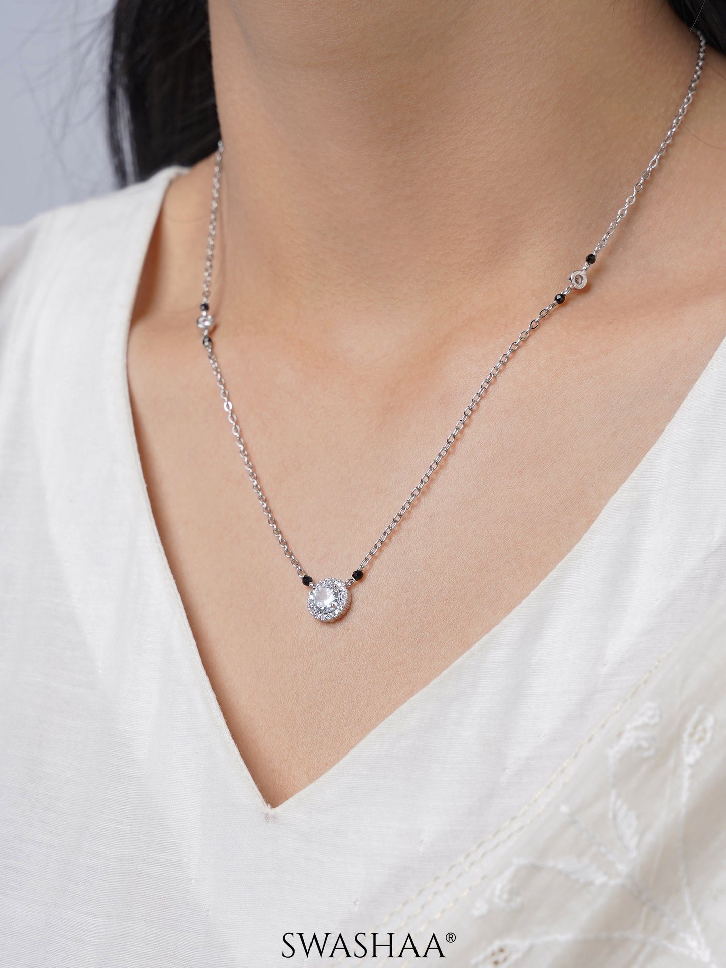 Nyra Diamond Solitaire Silver Mangalsutra