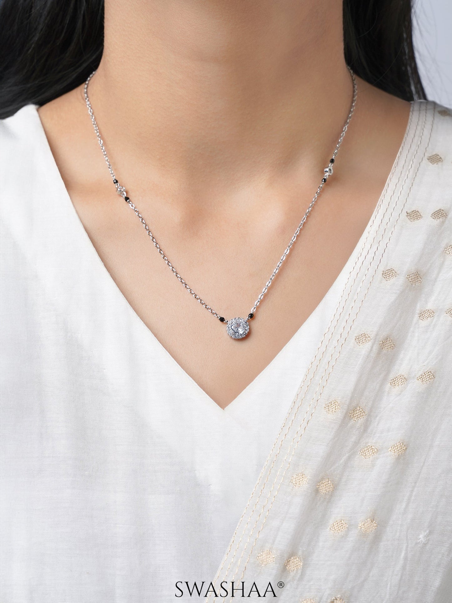 Nyra Diamond Solitaire Silver Mangalsutra