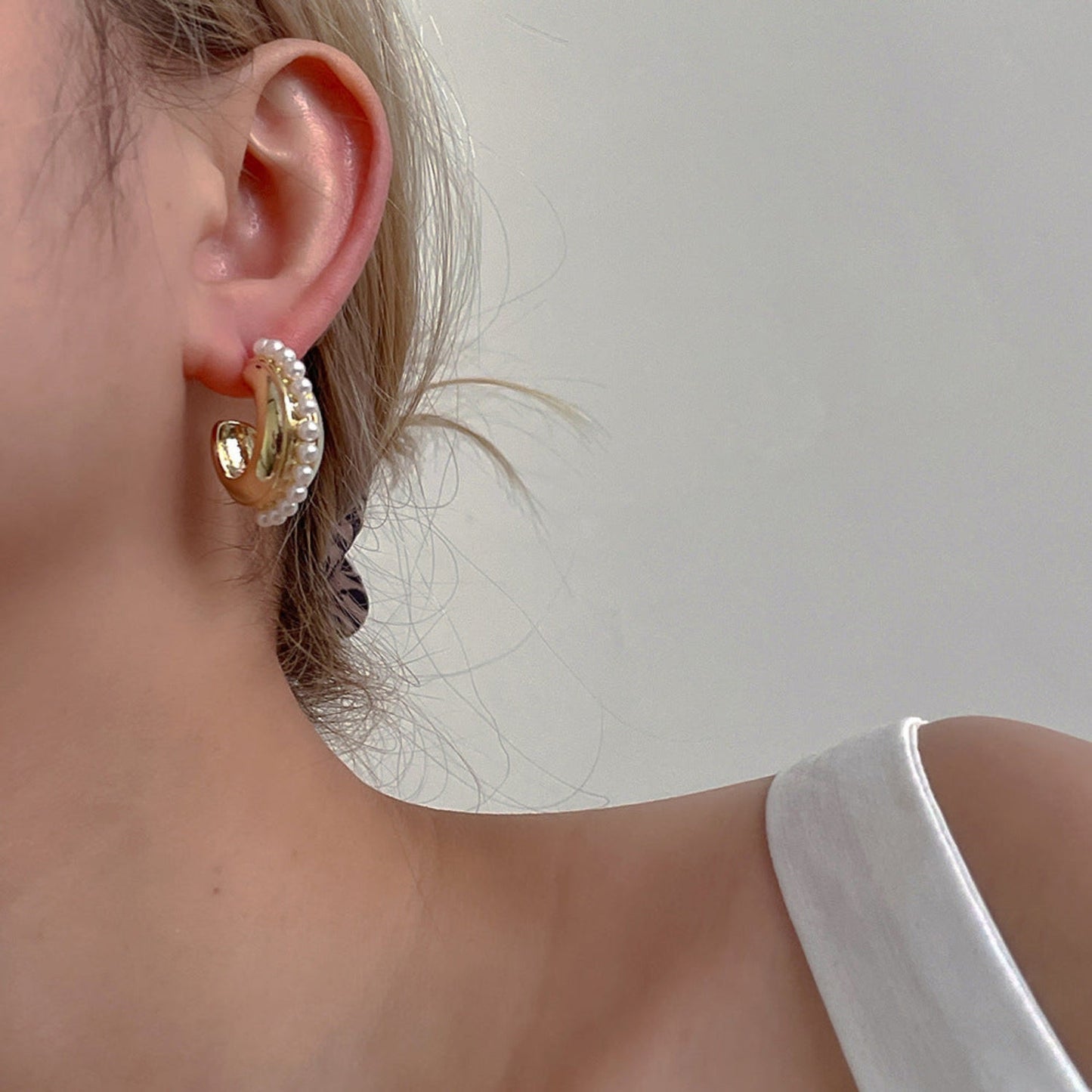 Gold Pearl Halo Hoop Stud Earrings JLT12171