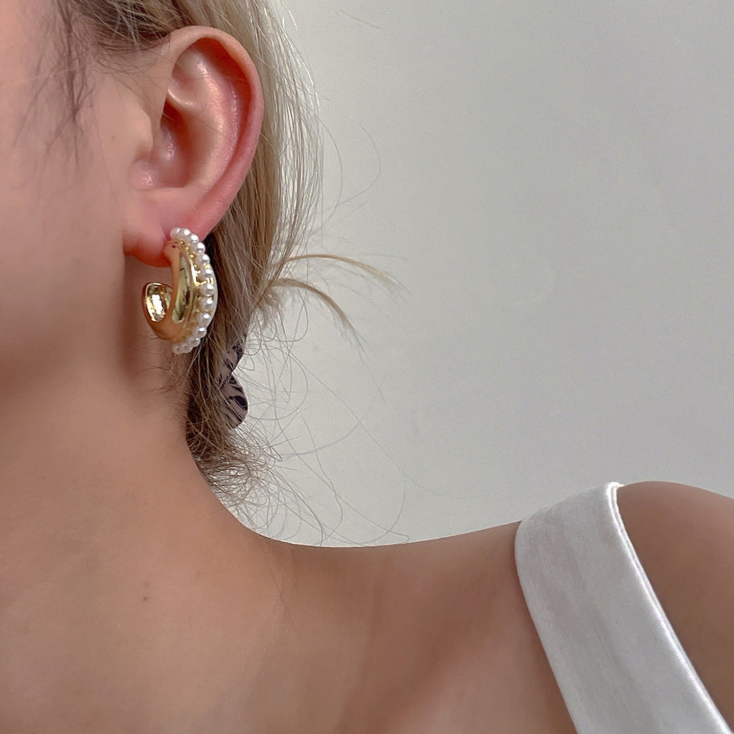 Gold Pearl Halo Hoop Stud Earrings JLT12171