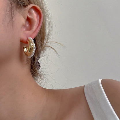 Gold Pearl Halo Hoop Stud Earrings JLT12171