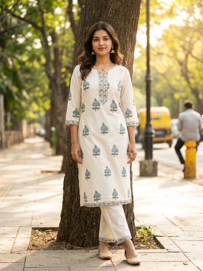 Blue Flower Butta Premium Cotton Kurta