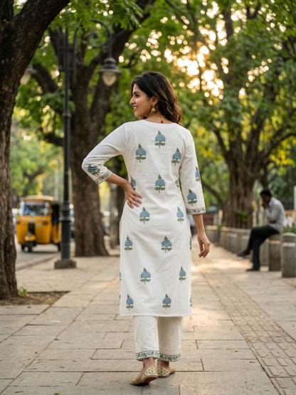 Blue Flower Butta Premium Cotton Kurta