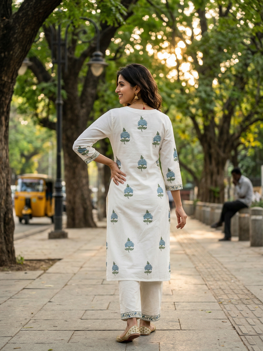 Blue Flower Butta Premium Cotton Kurta