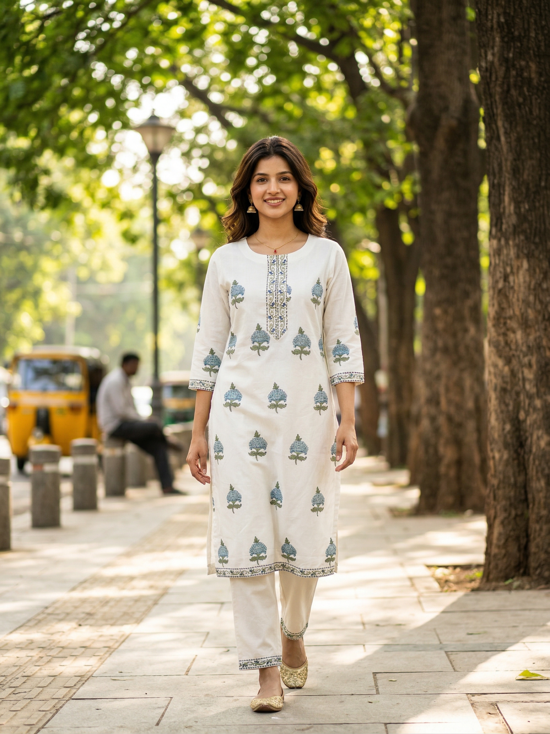 Blue Flower Butta Premium Cotton Kurta