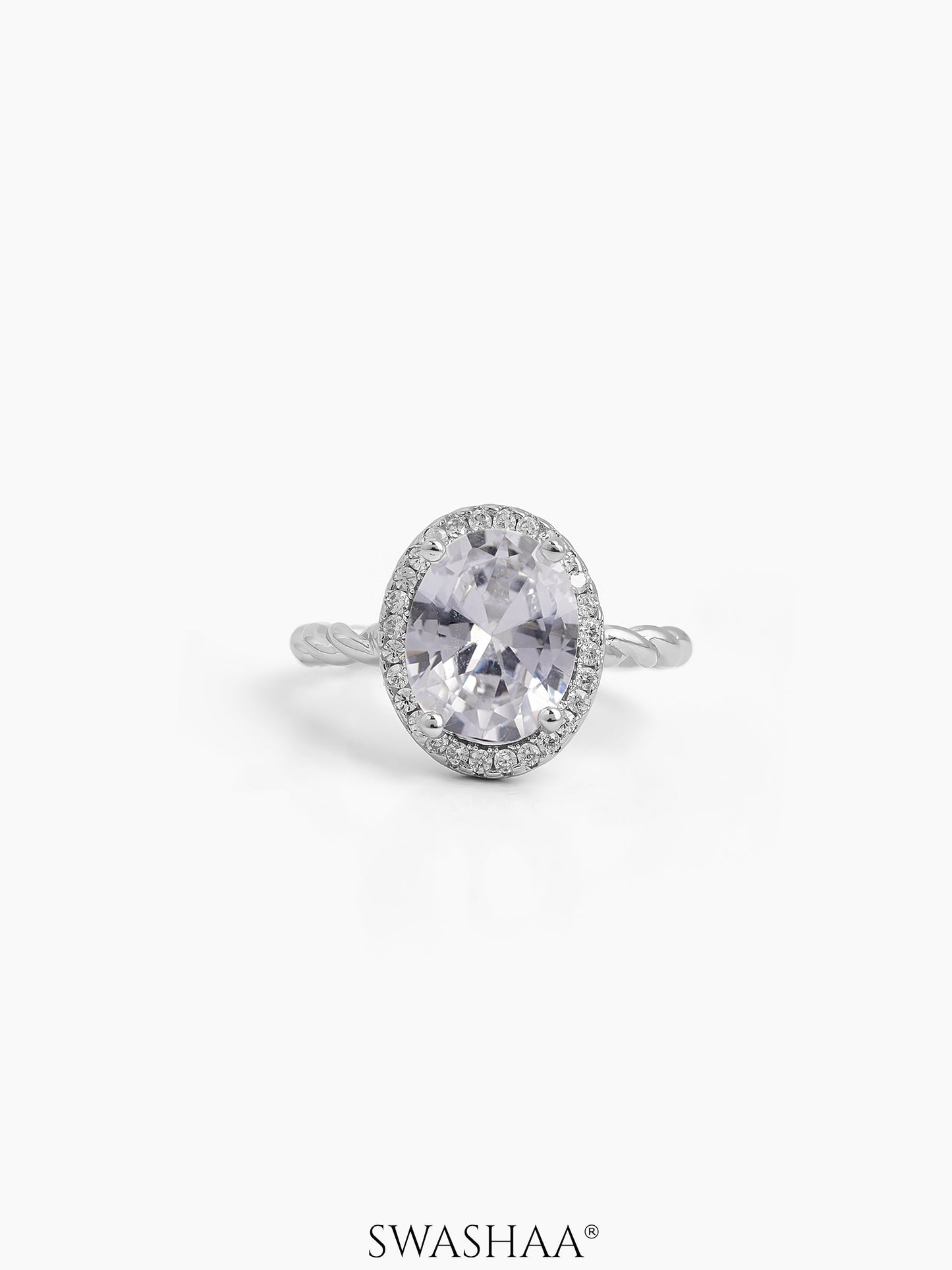 Opaline Oval Silver Diamond Solitaire Twisted Rope Women's Ring