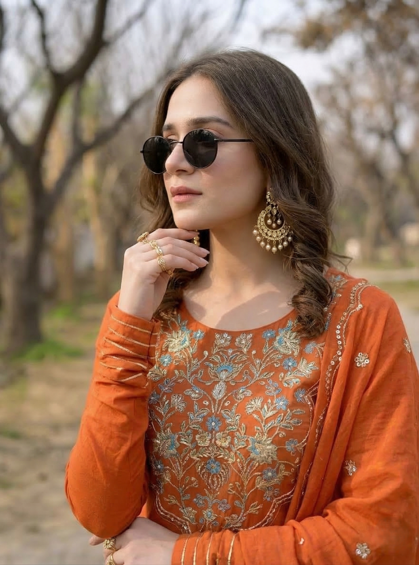 Orange Cotton Embroidered Anarkali Suit Set with Dupatta for Women