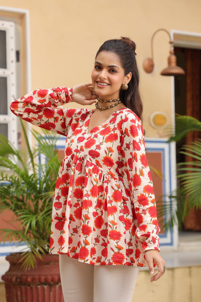 Orange floral print cotton top