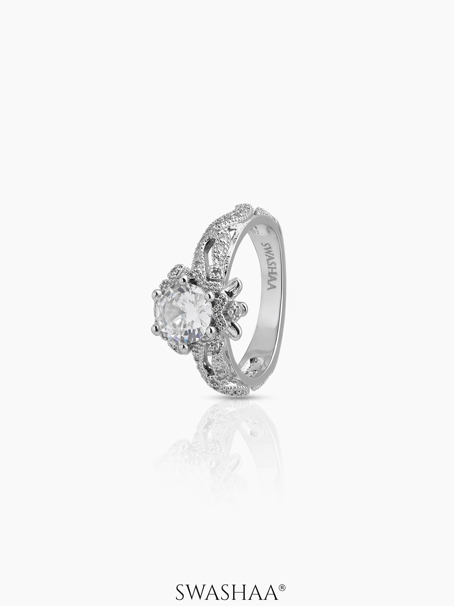 Orlina Floral Silver Diamond Solitaire Women's Ring
