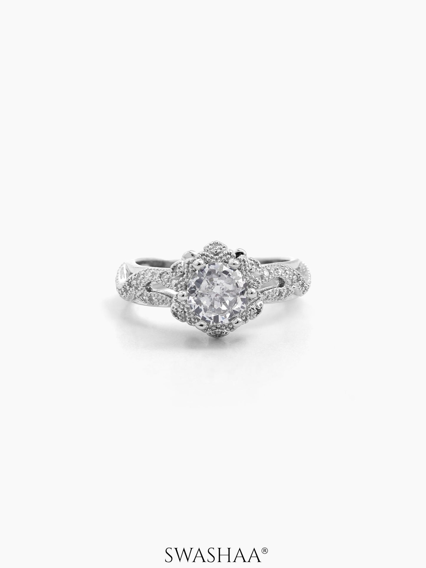 Orlina Floral Silver Diamond Solitaire Women's Ring