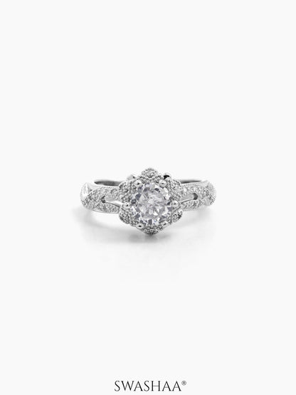 Orlina Floral Silver Diamond Solitaire Women's Ring