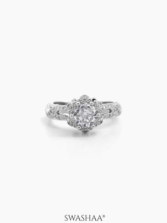 Orlina Floral Silver Diamond Solitaire Women's Ring