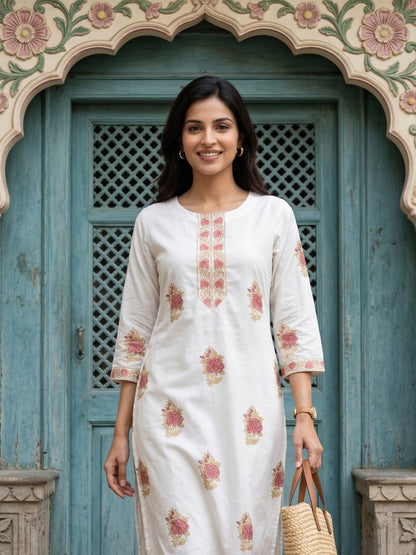 Peachish Pink Floral Butta Premium Cotton Kurta