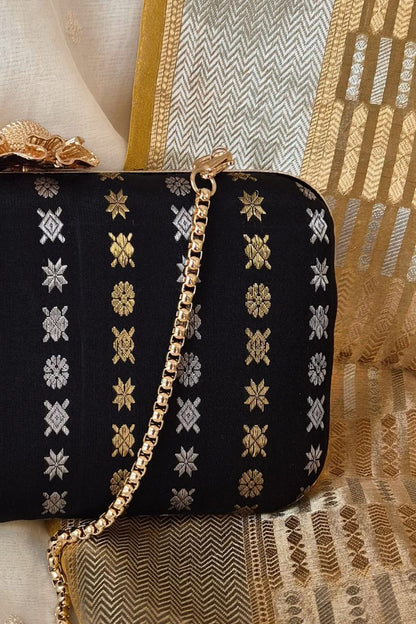 Palki Pure Kanchi Silk Clutch - Black