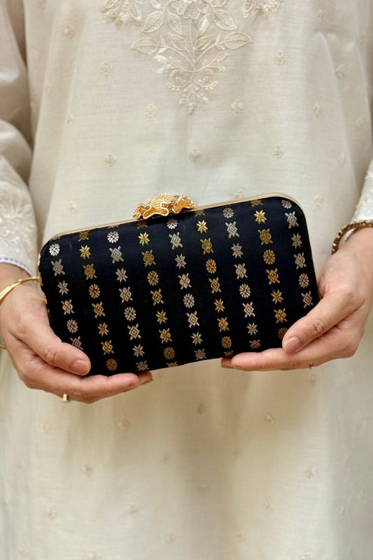 Palki Pure Kanchi Silk Clutch - Black