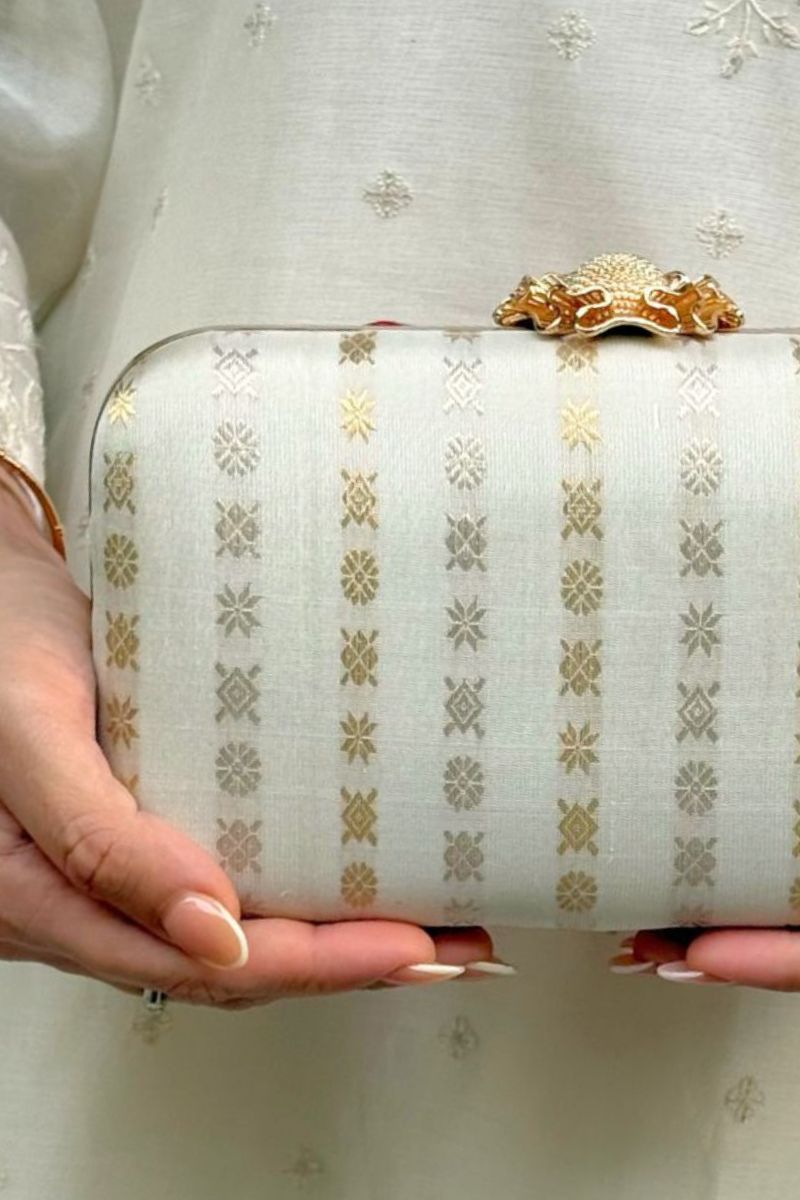 Palki Pure Kanchi Silk Clutch - Off-white