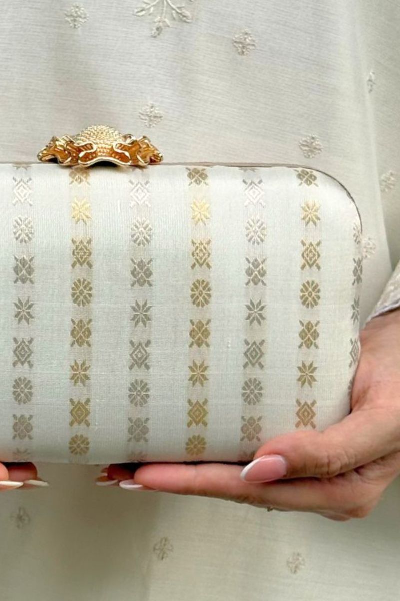 Palki Pure Kanchi Silk Clutch - Off-white