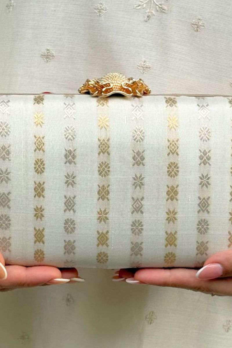 Palki Pure Kanchi Silk Clutch - Off-white