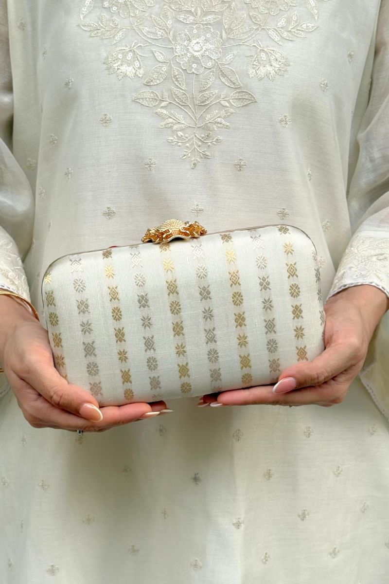 Palki Pure Kanchi Silk Clutch - Off-white