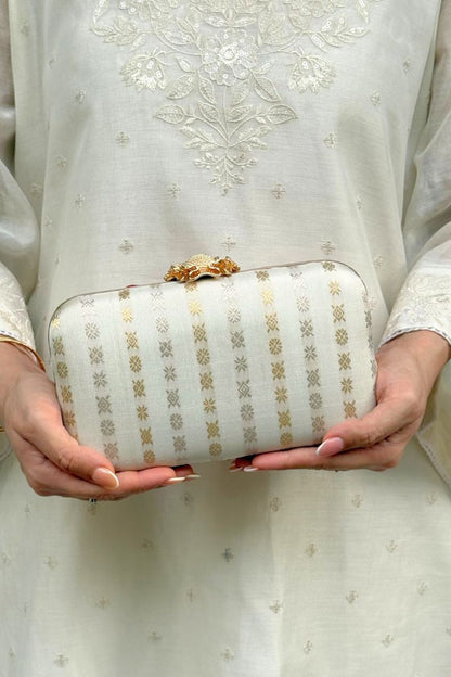 Palki Pure Kanchi Silk Clutch - Off-white