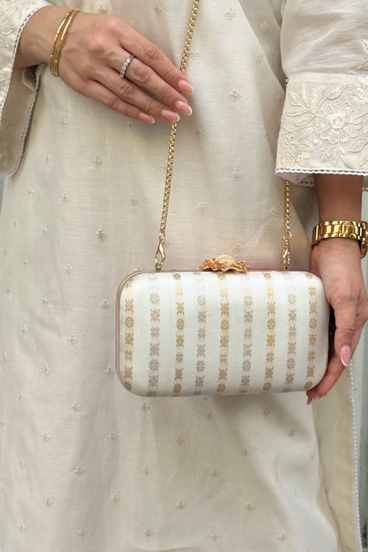 Palki Pure Kanchi Silk Clutch - Off-white