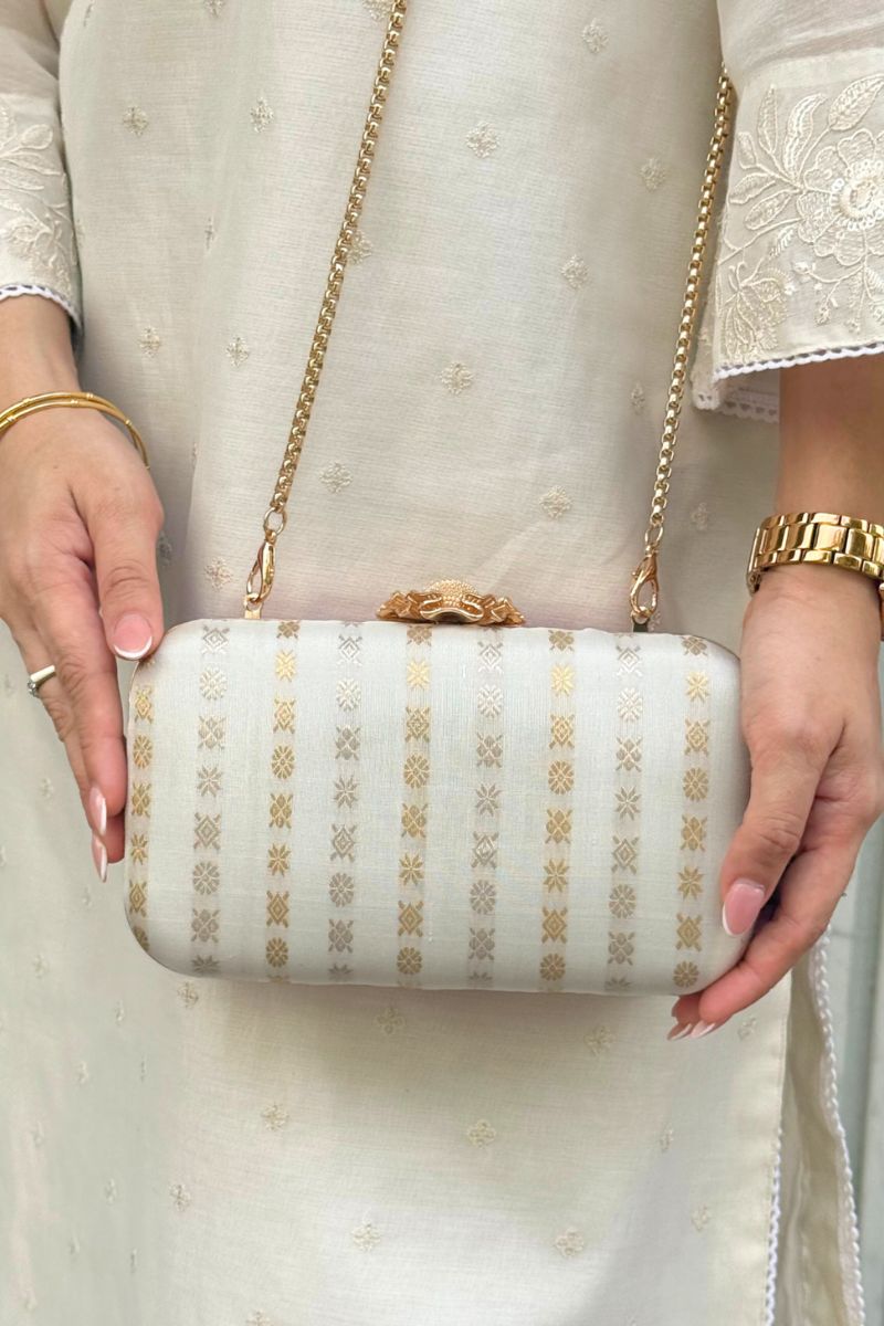 Palki Pure Kanchi Silk Clutch - Off-white