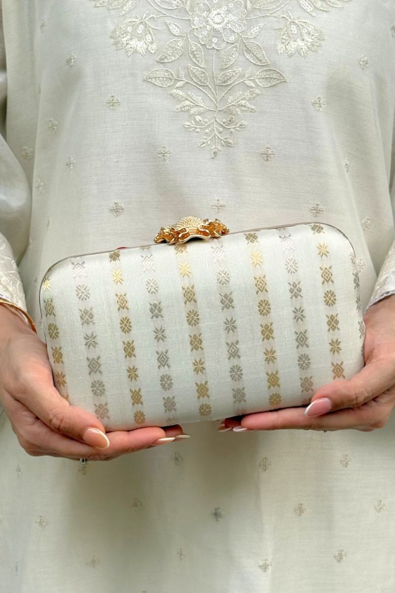 Palki Pure Kanchi Silk Clutch - Off-white