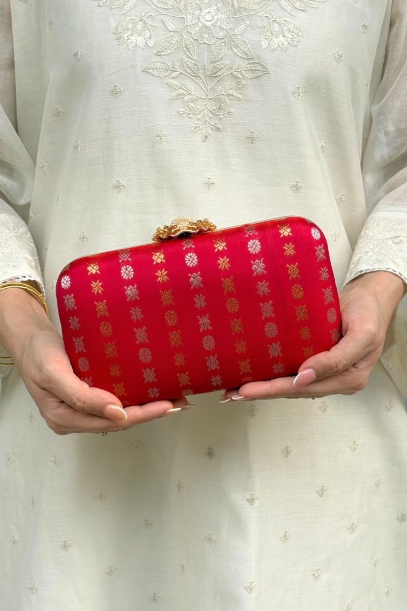 Palki Pure Kanchi Silk Clutch - Red