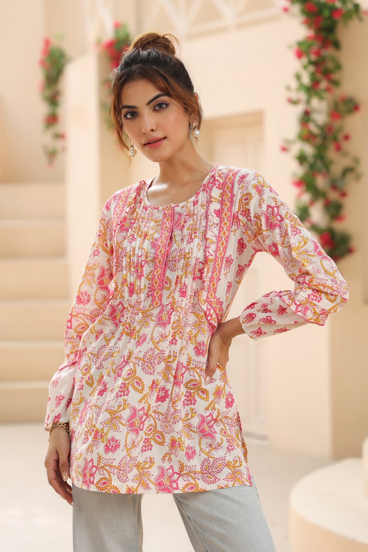 Pink Cotton Top with Floral Design