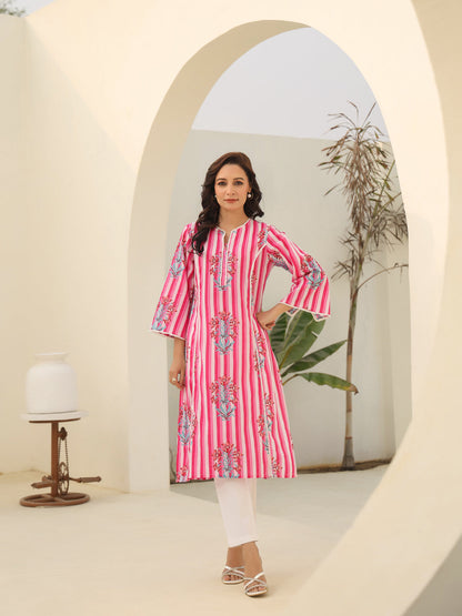 Pink striped cotton kurta