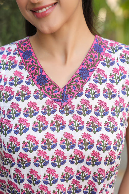 Pink white motif printed top women