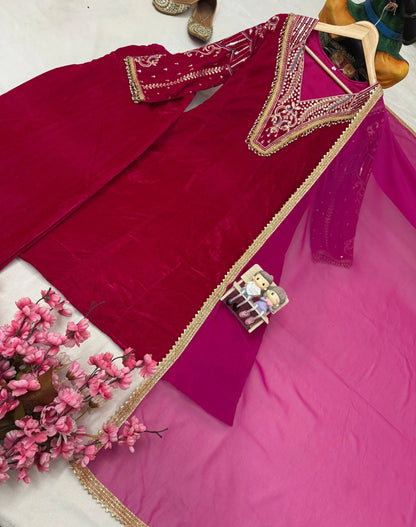 Premium Multi Color Embroidery Work Designer Velvet Kurti Pant Dupatta Set (Ready to Wear) Ethenika.com
