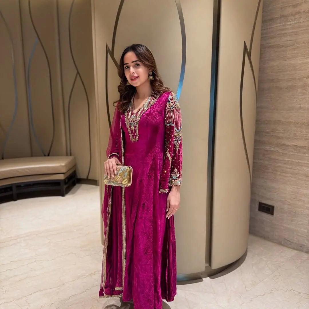 Premium Multi Color Embroidery Work Designer Velvet Kurti Pant Dupatta Set (Ready to Wear) Ethenika.com