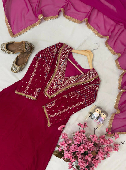 Premium Multi Color Embroidery Work Designer Velvet Kurti Pant Dupatta Set (Ready to Wear) Ethenika.com