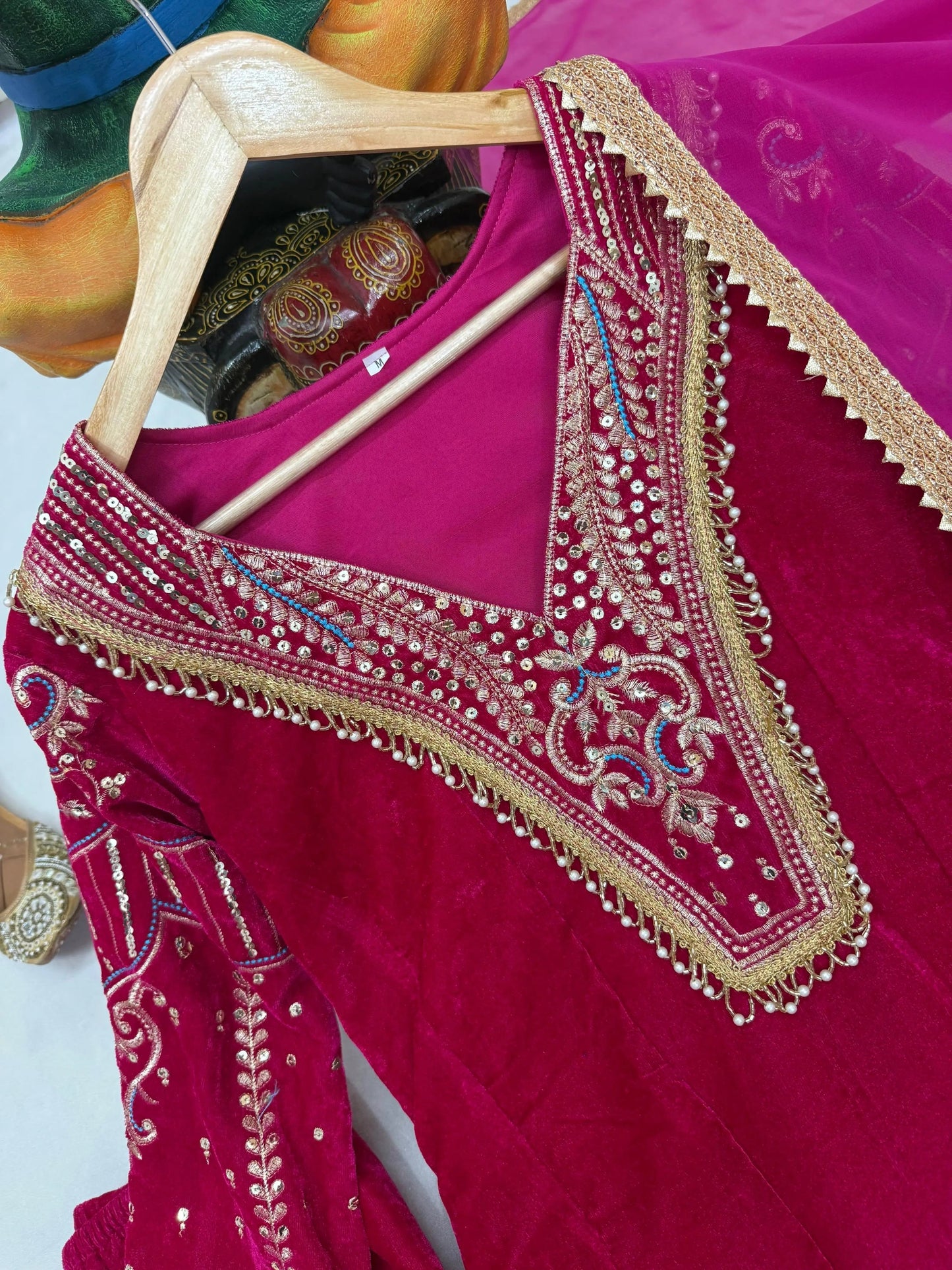 Premium Multi Color Embroidery Work Designer Velvet Kurti Pant Dupatta Set (Ready to Wear) Ethenika.com