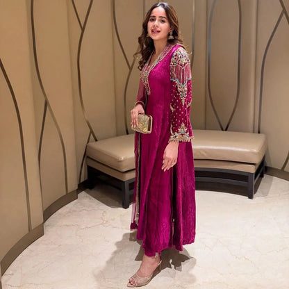 Premium Multi Color Embroidery Work Designer Velvet Kurti Pant Dupatta Set (Ready to Wear) Ethenika.com