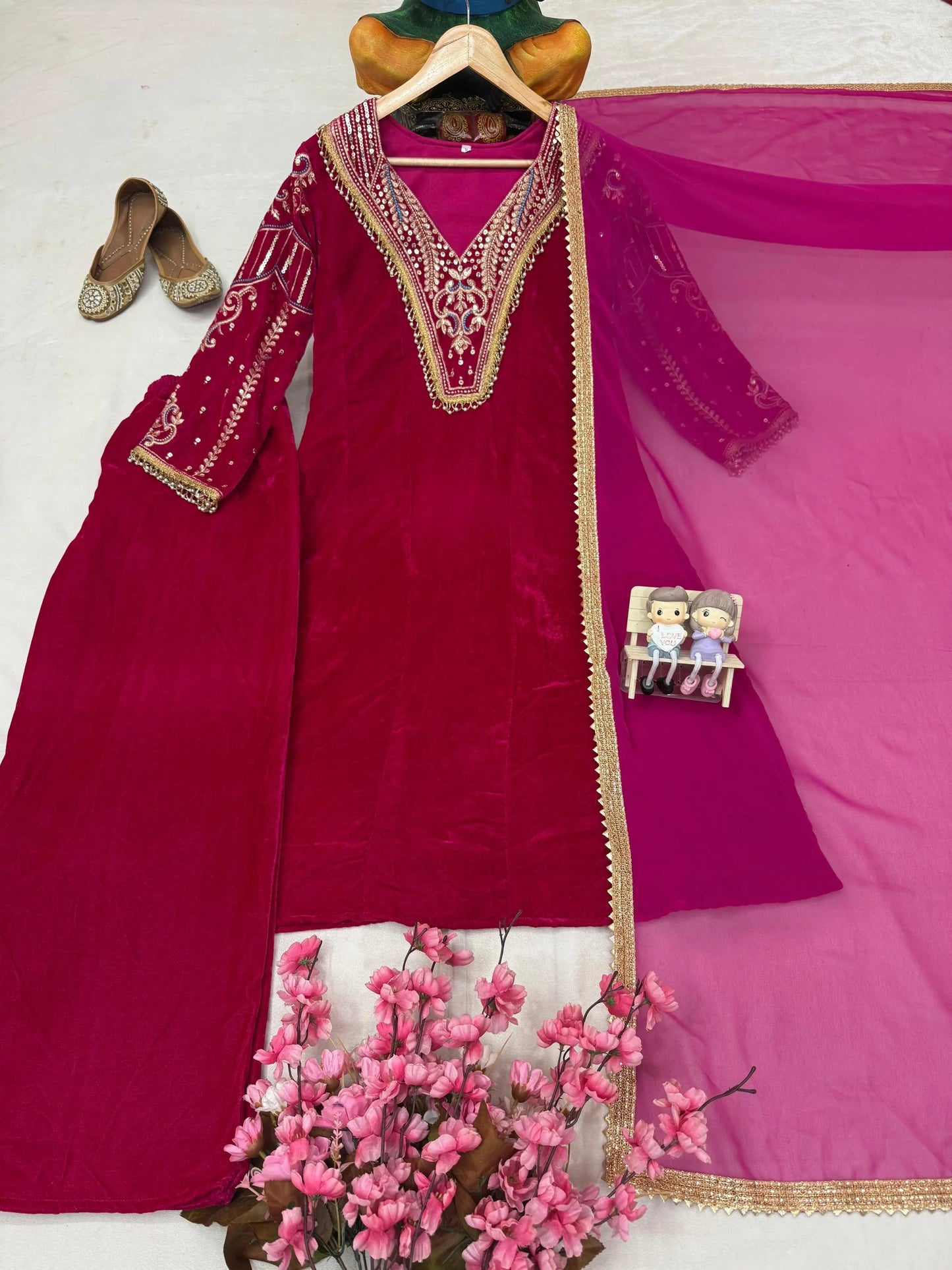 Premium Multi Color Embroidery Work Designer Velvet Kurti Pant Dupatta Set (Ready to Wear) Ethenika.com