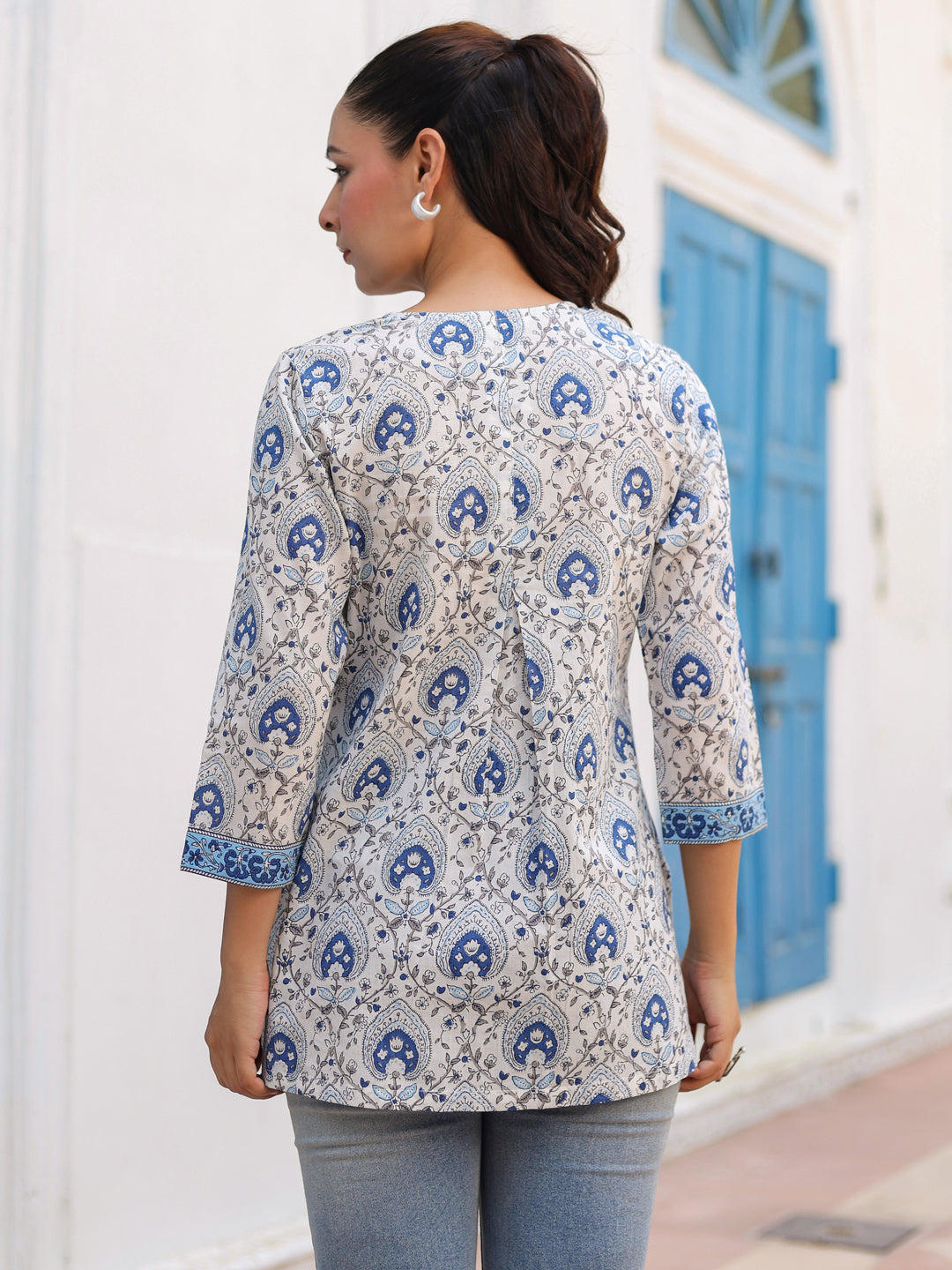 Printed Cotton Blue Kurti Top