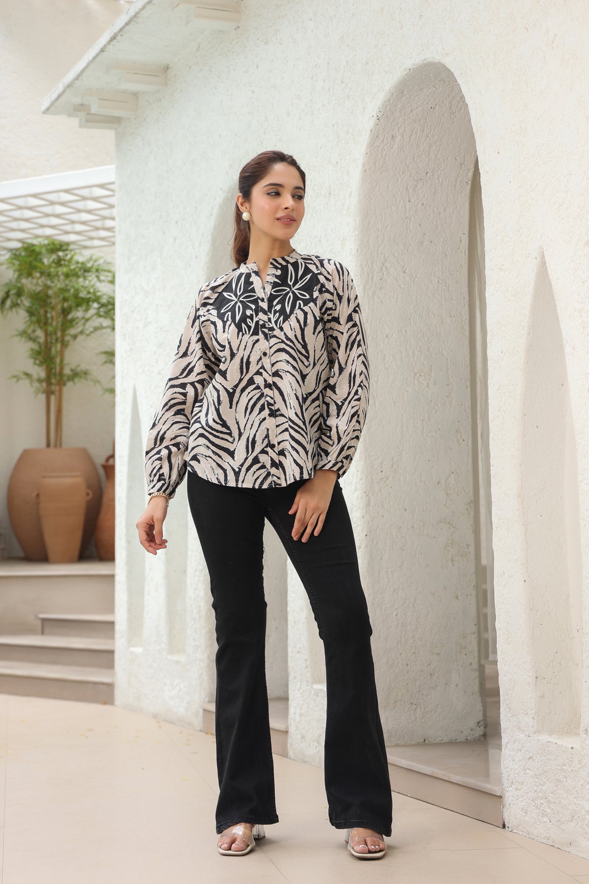 Printed Mandarin Collar Cotton Top