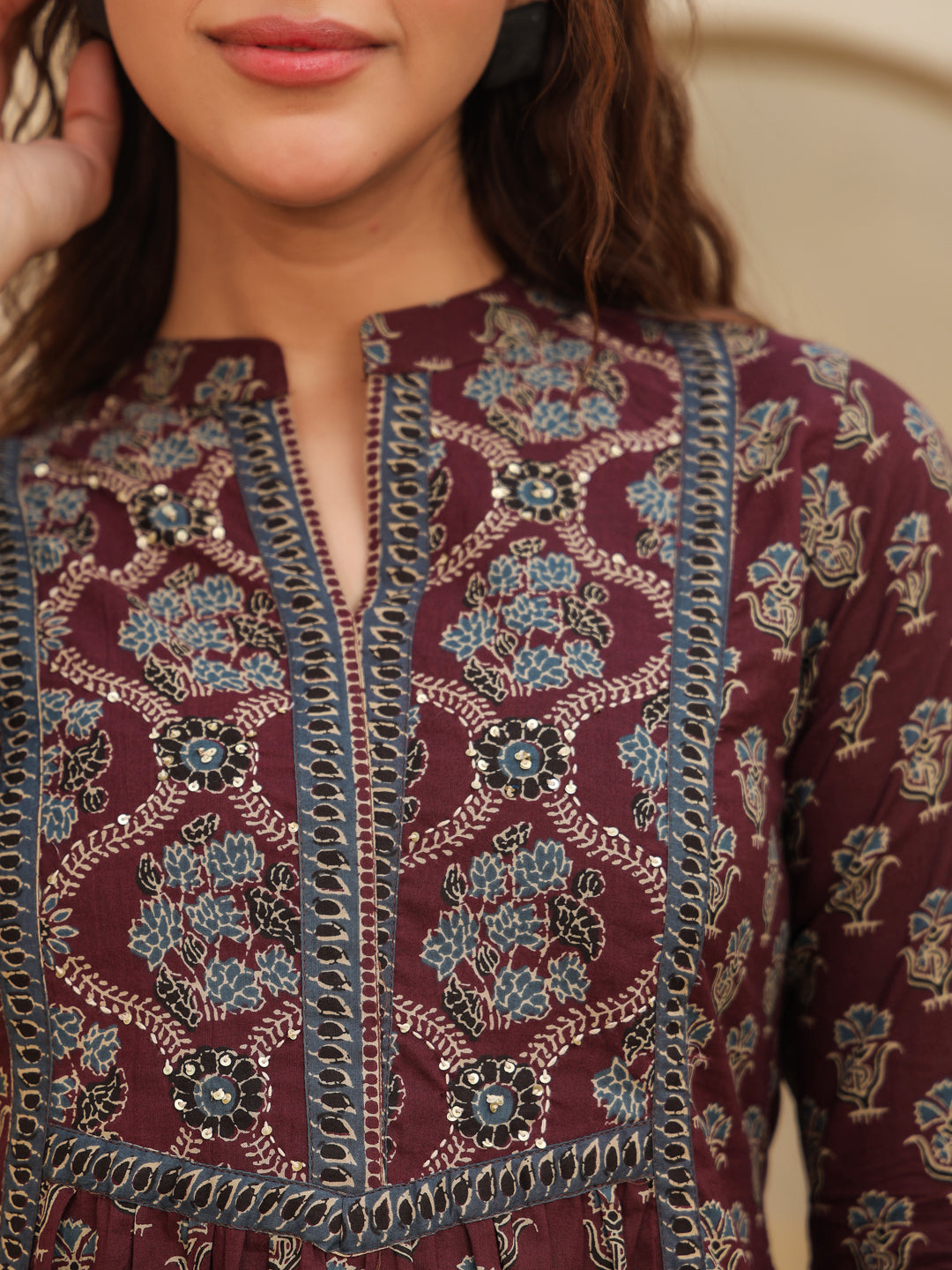 Printed Mandarin Collar Red Top