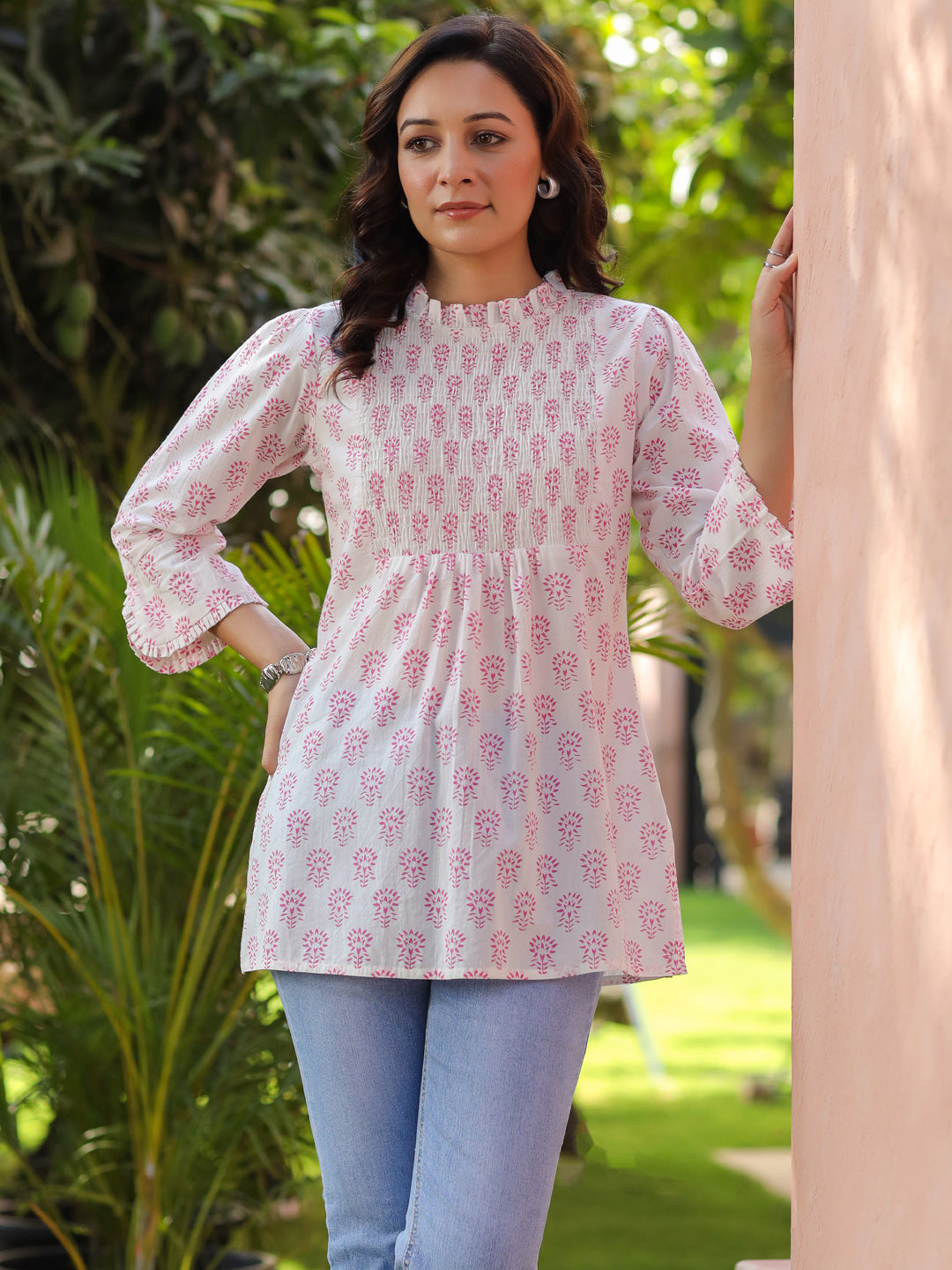 Printed cotton A-line top ethnic design