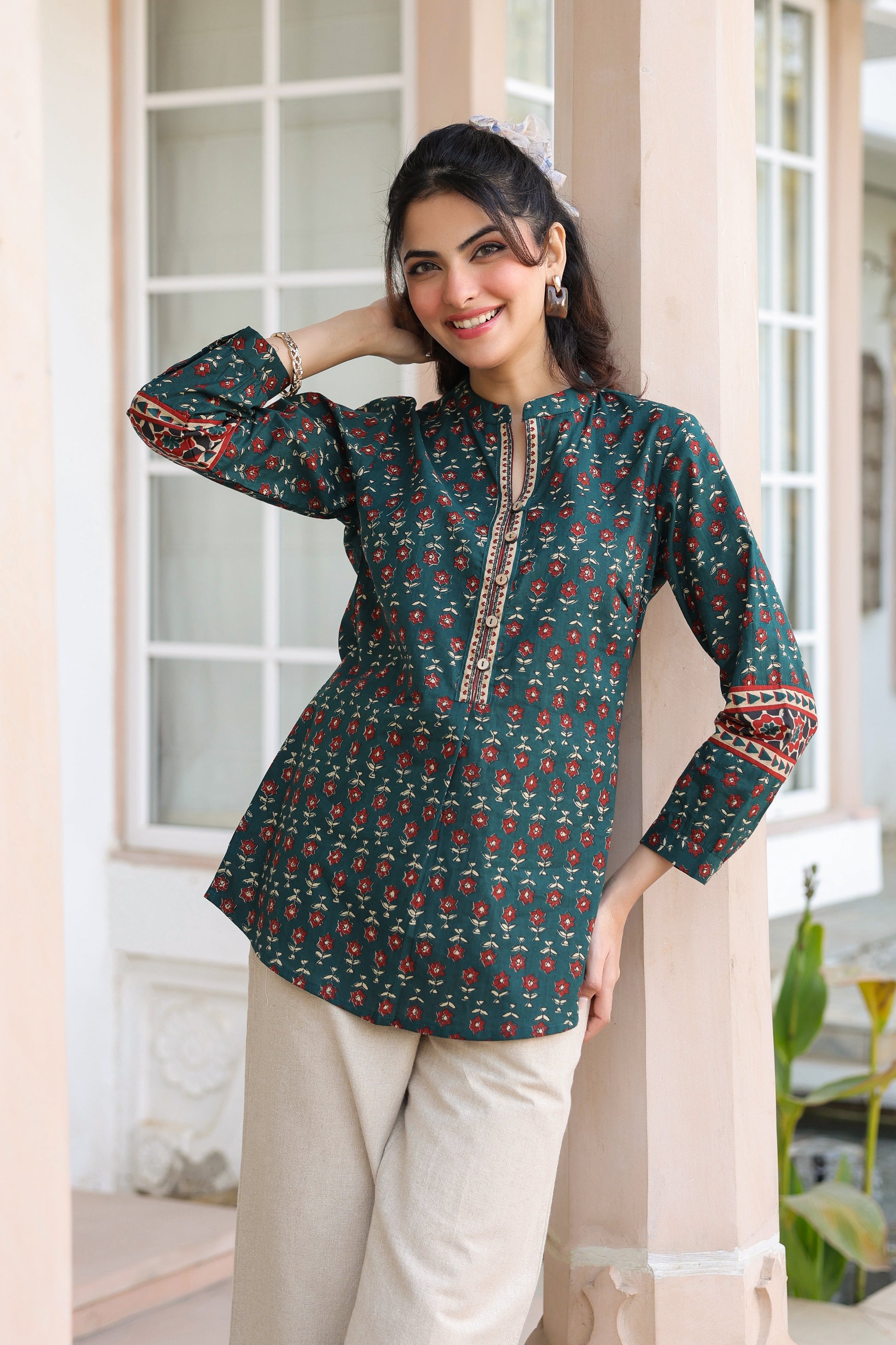 Printed green cotton top women