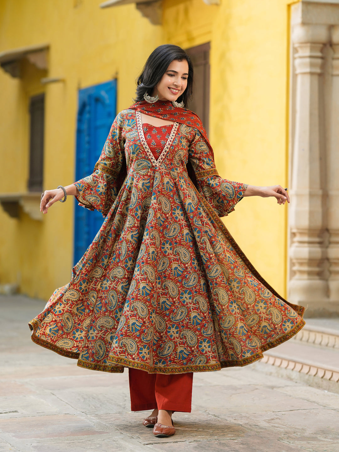 Printed pure cotton maroon kurta with dupatta