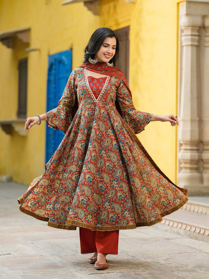 Printed pure cotton maroon kurta with dupatta